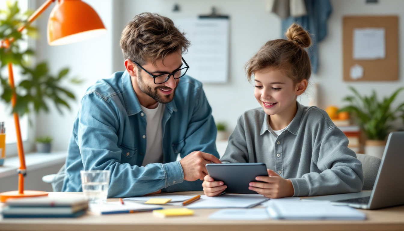 Eltern und Teenager am Schreibtisch mit Lernmaterialien — Lernroutine für den Schulstart 2025