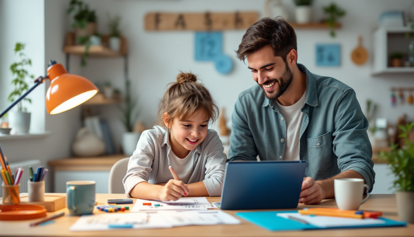 Eltern und Kind arbeiten mit Zahlen und Zahlengerade; Illustration zur Dyskalkulie‑Förderung