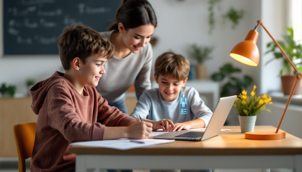 Illustration: KI in der Schule 2025 – Schüler mit Laptop und KI-Symbol