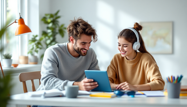 Eltern und Kind beim Lernen vor dem Laptop – Bildung und Teilhabe Nachhilfe