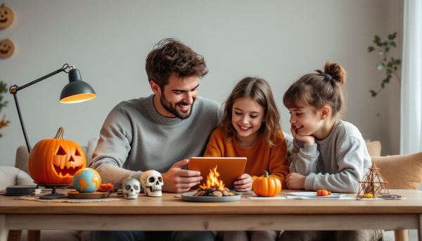 Illustration: Kürbisse und Halloween-Symbole vor Weltkarte
