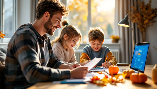 Familie beim Herbstspaziergang zwischen bunten Blättern