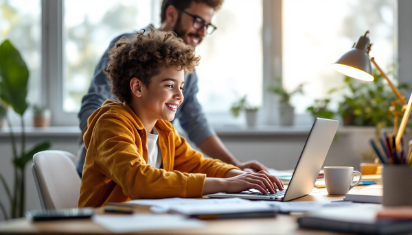 Schreibtisch mit einstellbarer Schreibtischlampe neben Laptop, ideal für konzentriertes Lernen